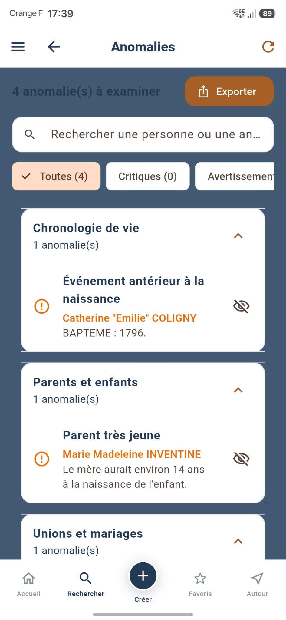 Détection des anomalies généalogiques
