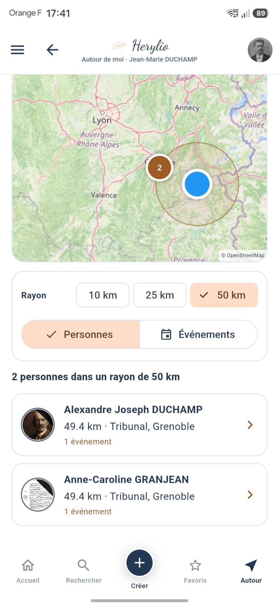 Carte des lieux et personnes de la généalogie